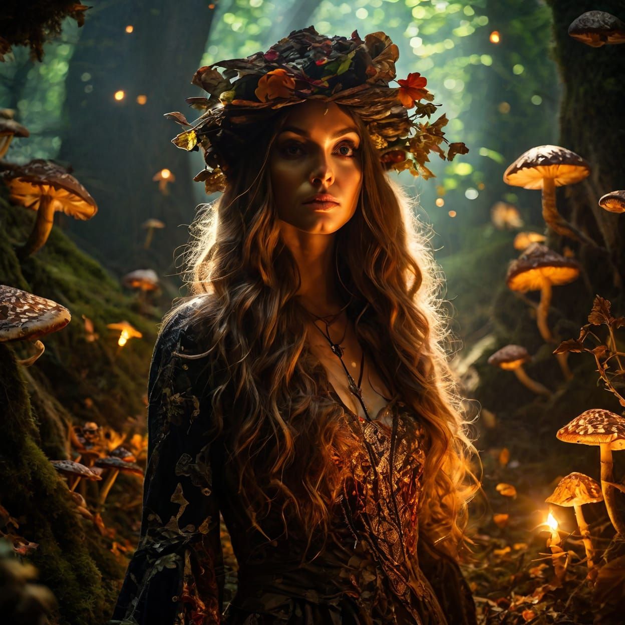 A image of a witch standing in the center of a lush, tree-li...