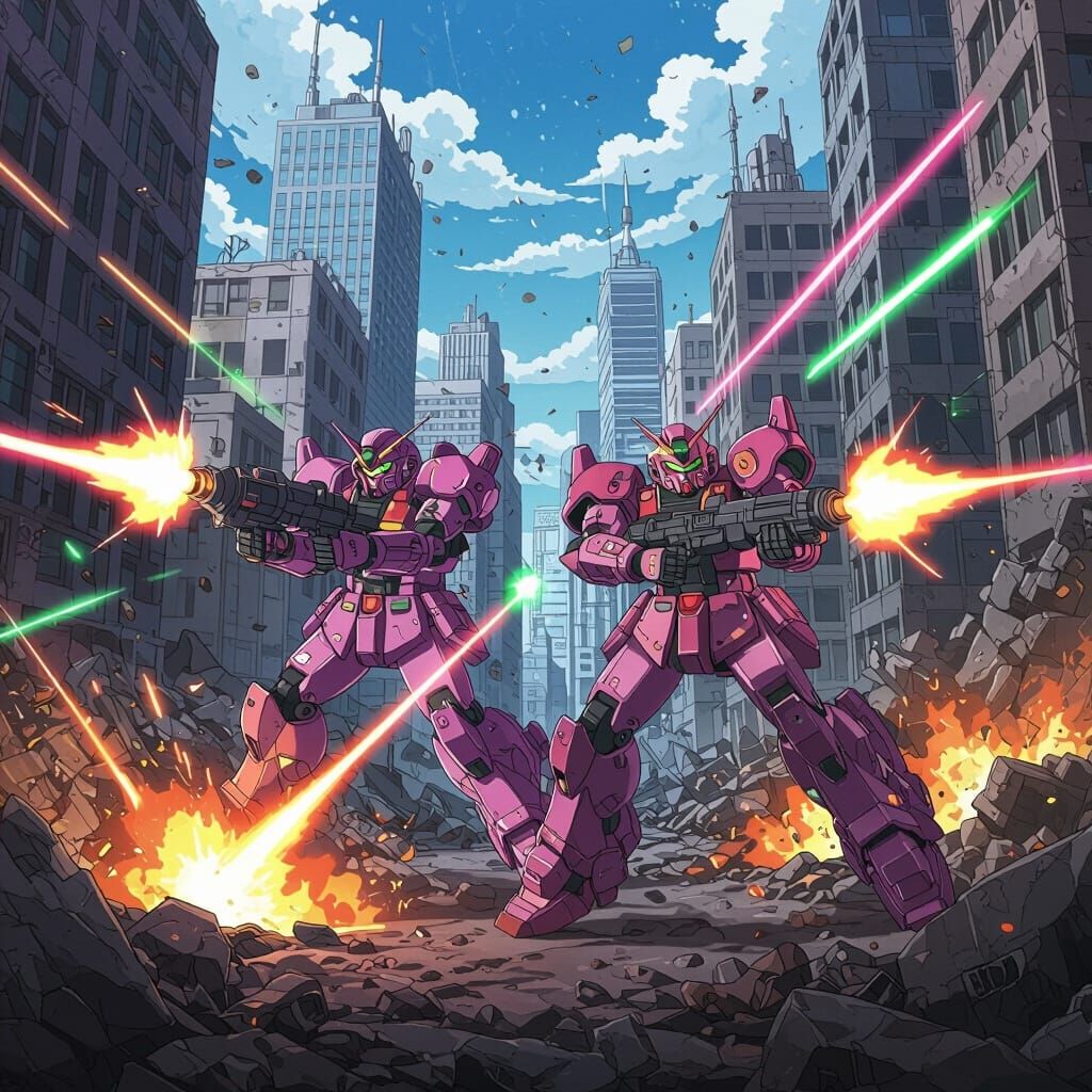 multiple zaku fighting inside a ruined city 
