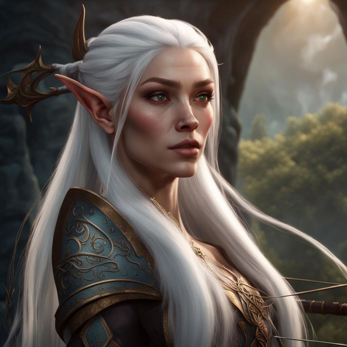 An eladrin elf with long white hair tied back. they also have a long ...