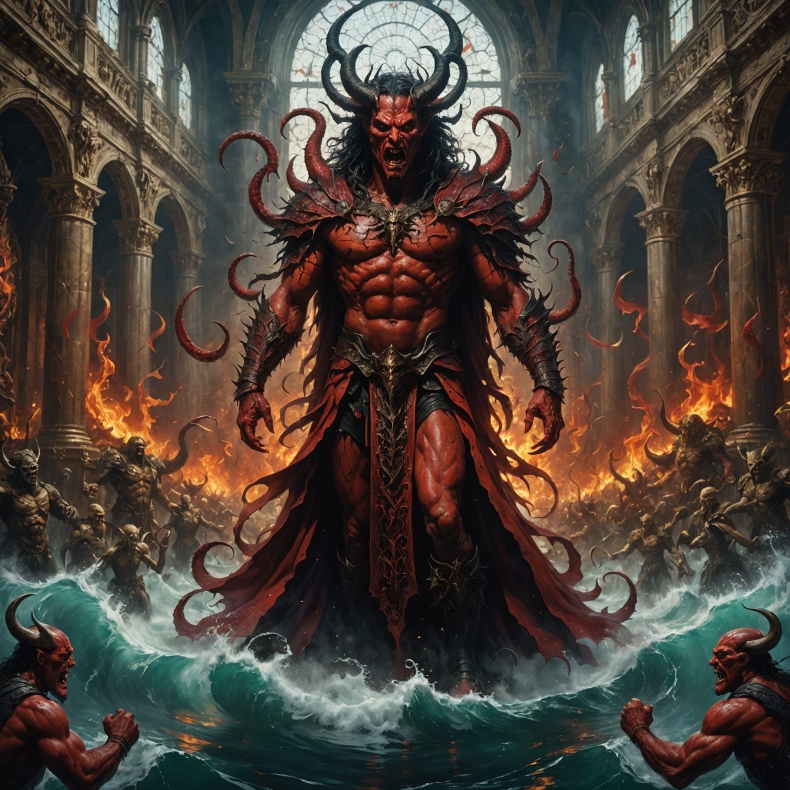 Satan the cursed standing and in front of him ten rows of diabolical human beings who sow disorder in the world, in his vast palace, full of...