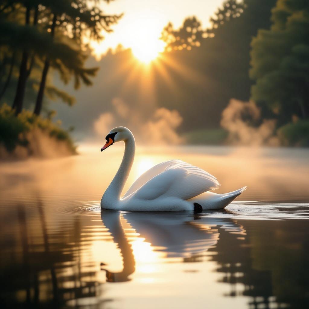 Majestic Swan Gliding on Lake at Sunrise