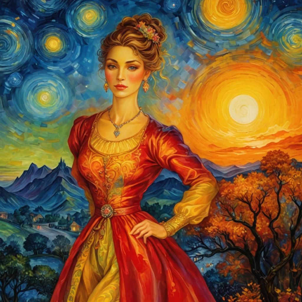 Woman Strolls in Sunset Light, Inspired by Van Gogh