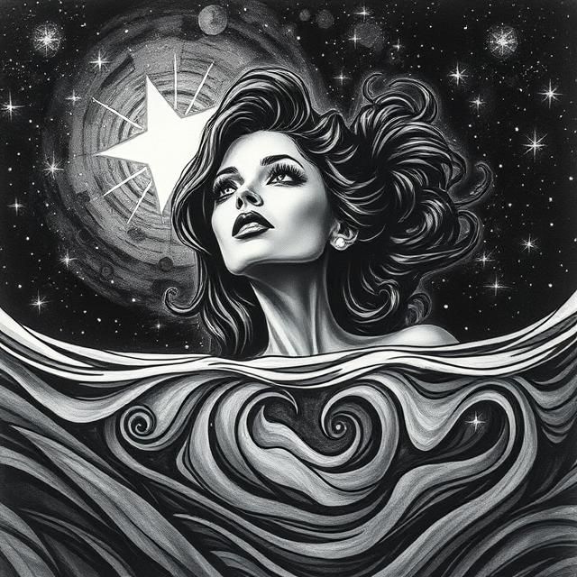 Mysterious Fashionista Beneath a Starry Ocean in Charcoal. T...