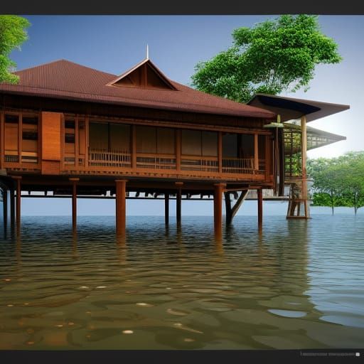 modern traditional malay house on stilts during flood architectural