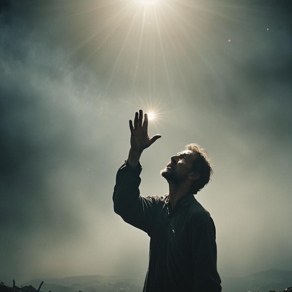 The haggard man looks up into the sky from where a bright light shines and God reaches out his hand
