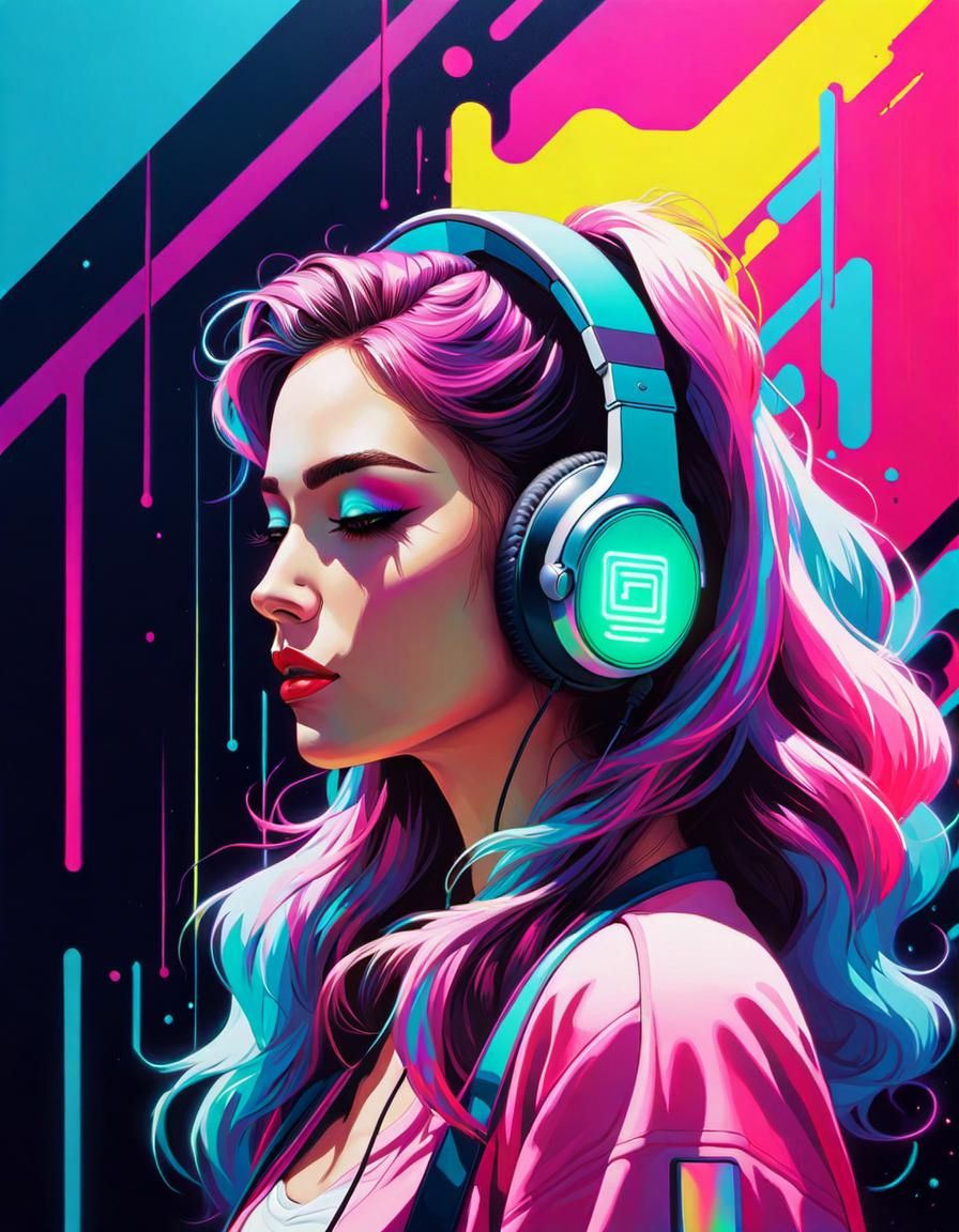 Neon Girl with Headphones - AI Generated Artwork - NightCafe Creator