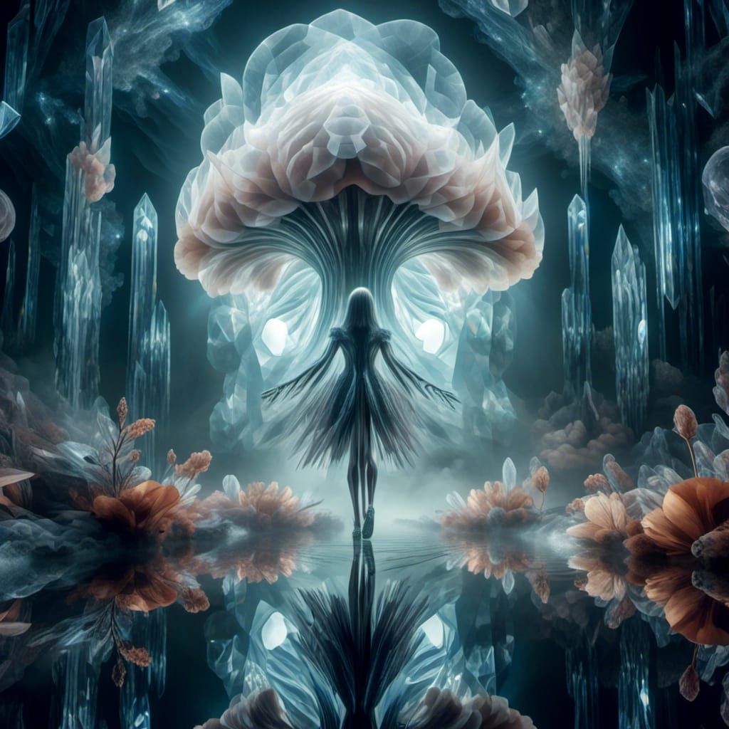 <lora:Crystalline Meta:1.0> Ethereal Crystalline Metamorphosis Cubism, a mushroom creature
 entering a magical portal to an alien world, mys...