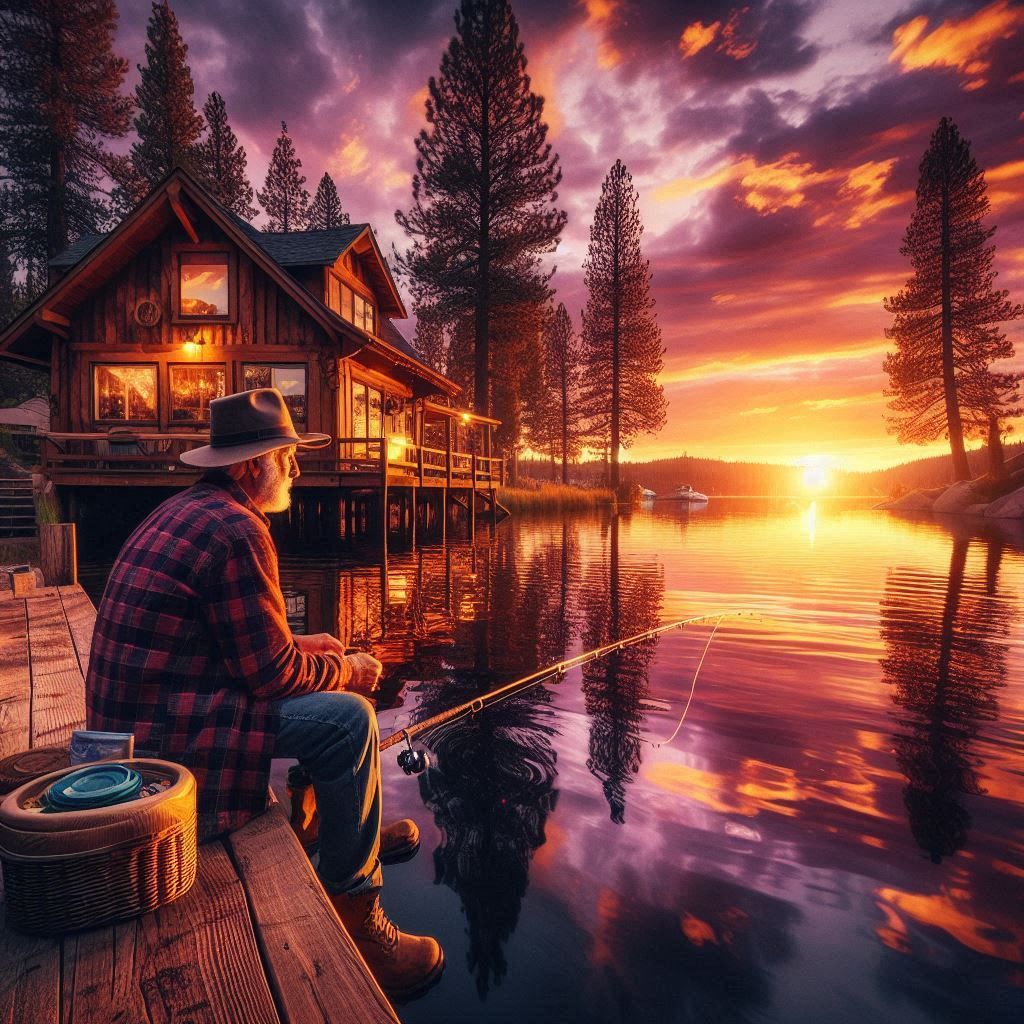 "Idyllische Szene: Angler in der Abenddämmerung vor Waldhütte, Natur, Ruhe und Sonnenuntergangsglanz ...  by @bedisi yseven