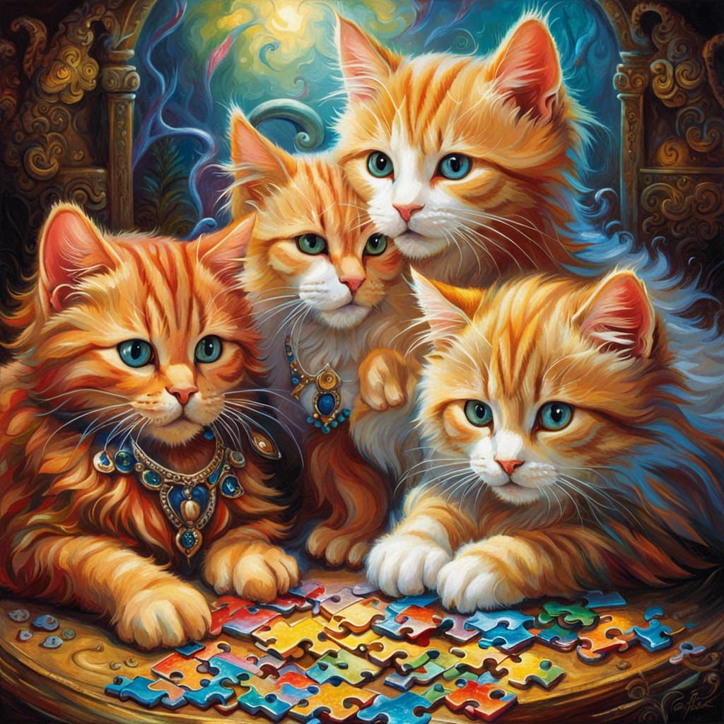 Teamwork Cute Cats Solving a Jigsaw Puzzle Together