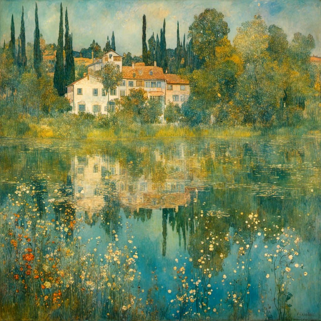 <lora:LandscapeAXL:1.0>  Village lake flowers trees sunny day