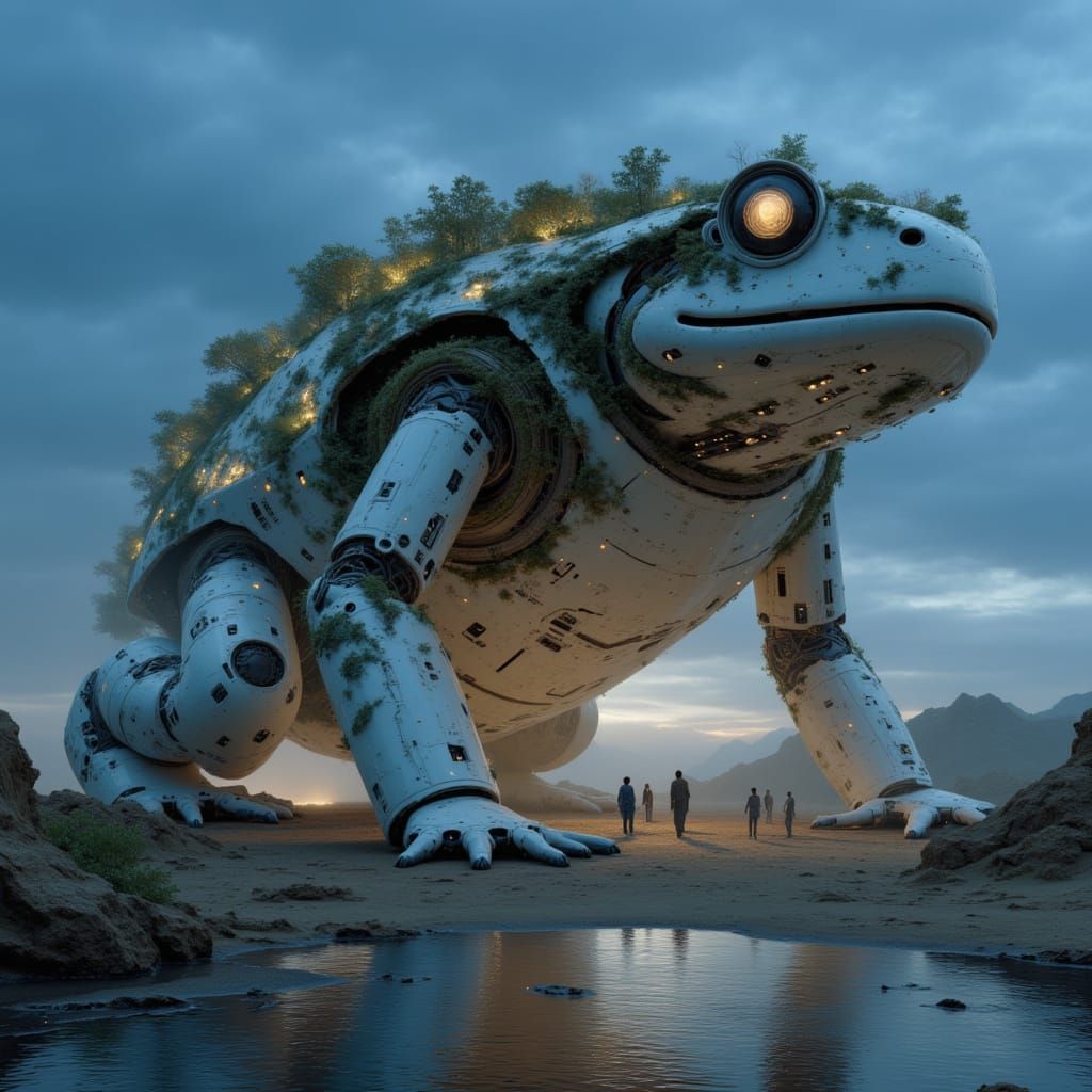 <lora:FerroBlume:1.0> a giant, white robotic toad made of metal, covered in plants and vines, standing in the desert at night with people ar...