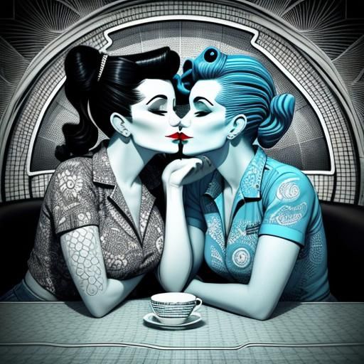 Rockabilly Couple in Retro Diner Kissing Scene