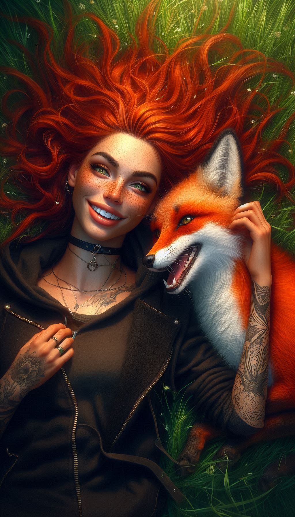 Fiery-Haired Woman & Fox – Hyperdetailed Concept Art Portrai...