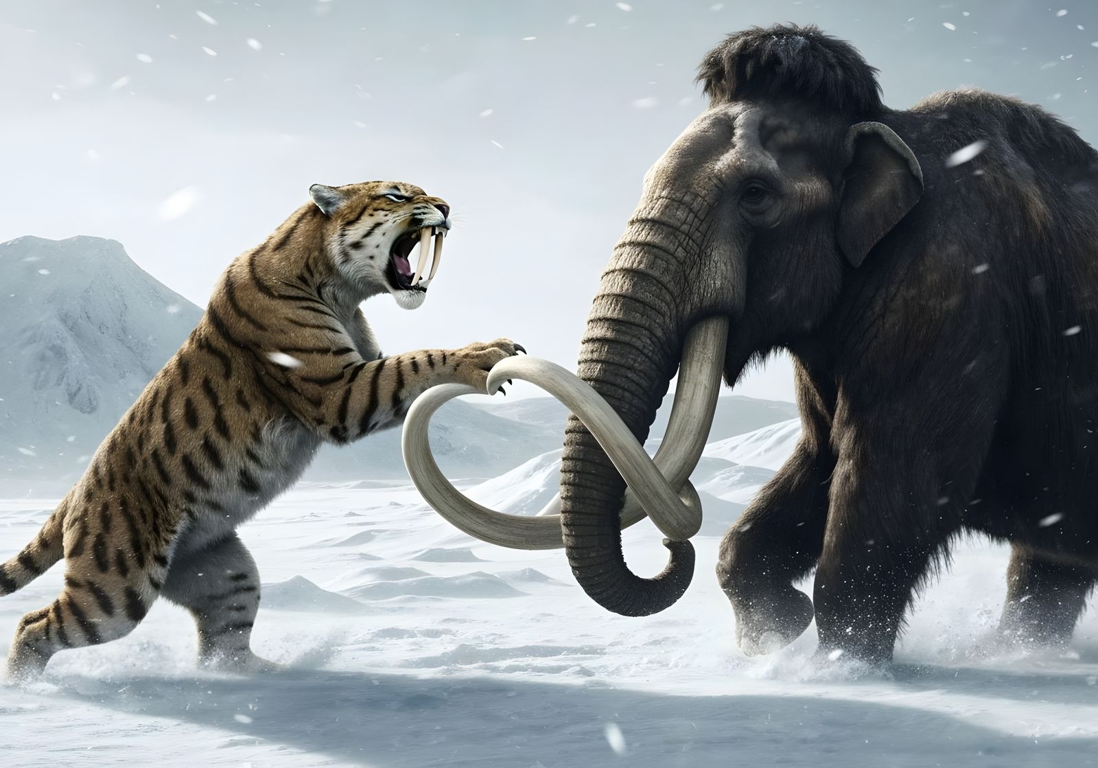 saber-toothed cat and a woolly mammoth fighting in a snowy toundra  by @tsahel