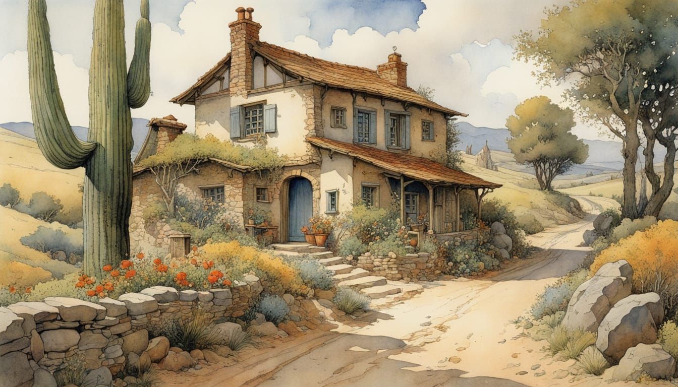 Night in Arizona: Adobe House Storybook Illustration