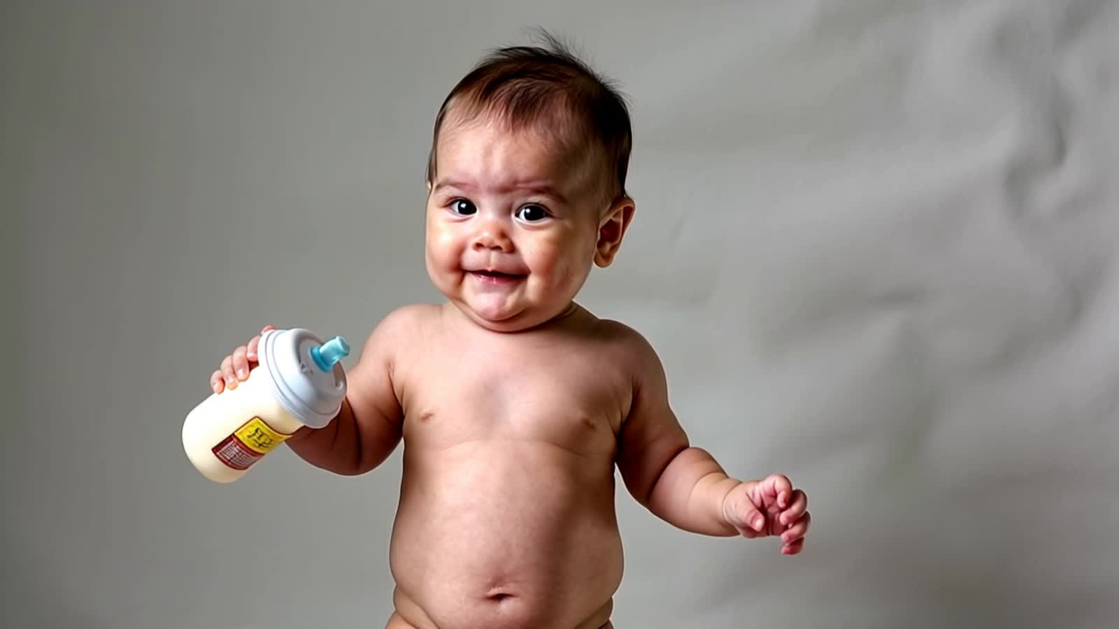 create a cute chubby baby standing with milk bottle in hand. realistic, clear picture. animate him walking unsteadily.
