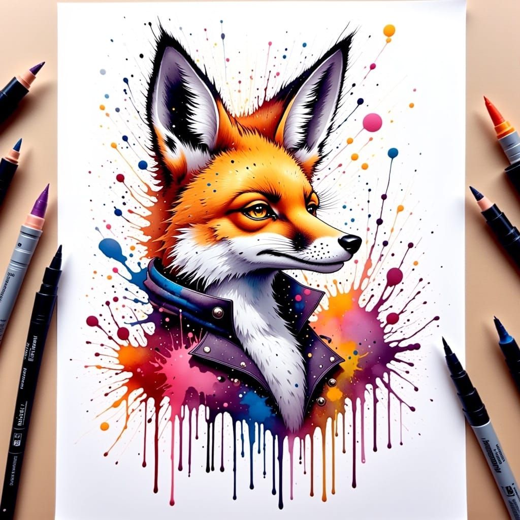 colorful ink splatter drawing of an anthropomorphic fox. in the style of <lora:Unreal InkArchive Fx:1.0> 