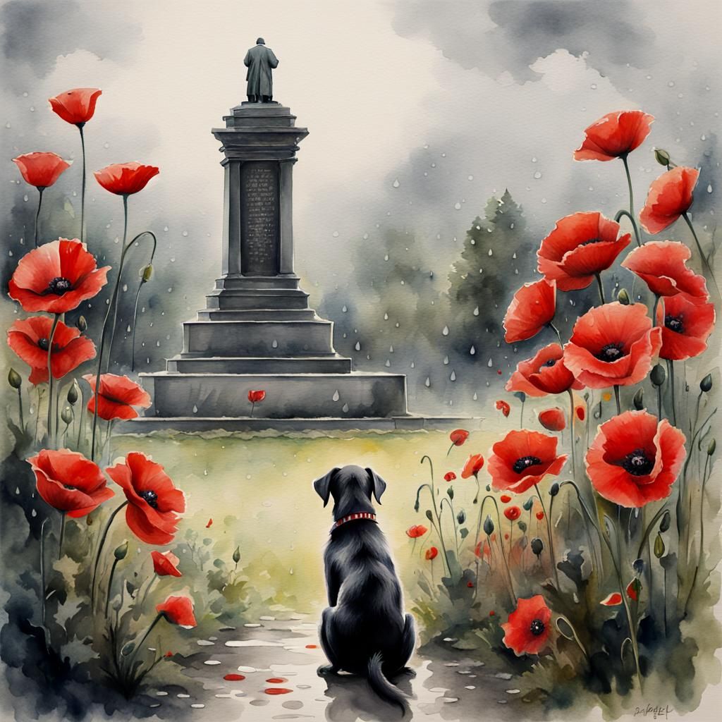 Watercolor, old dog sitting looking at a war memorial in the rain, his back facing us, over the shoulder ...  by @David Cameron Law
