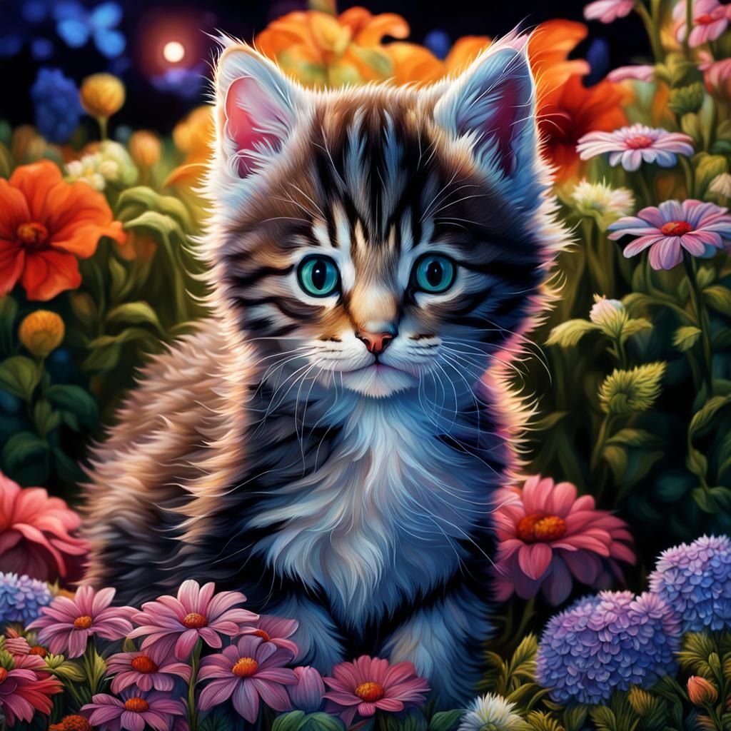 < lora: animaux réalistes: 1.0 > Hyper realistic and ultra detailed photograph of a beautiful kitten with a very detailed coat, in a flowery...