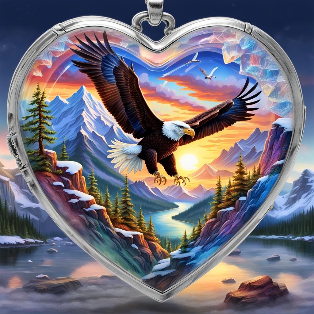 Flying Bald Eagle Soaring encased inside Crystal heart locket lead