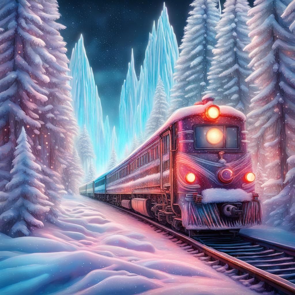 Train traveling through a magical Christmas winter wonderland with icicles and candy canes  by @Euphoric Dreams
