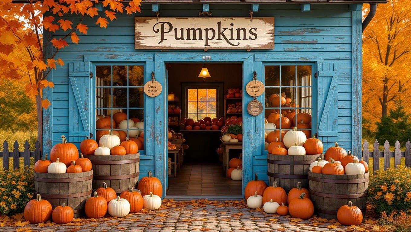 Charming Autumn Pumpkin Shop in Nostalgic Folk Art Style