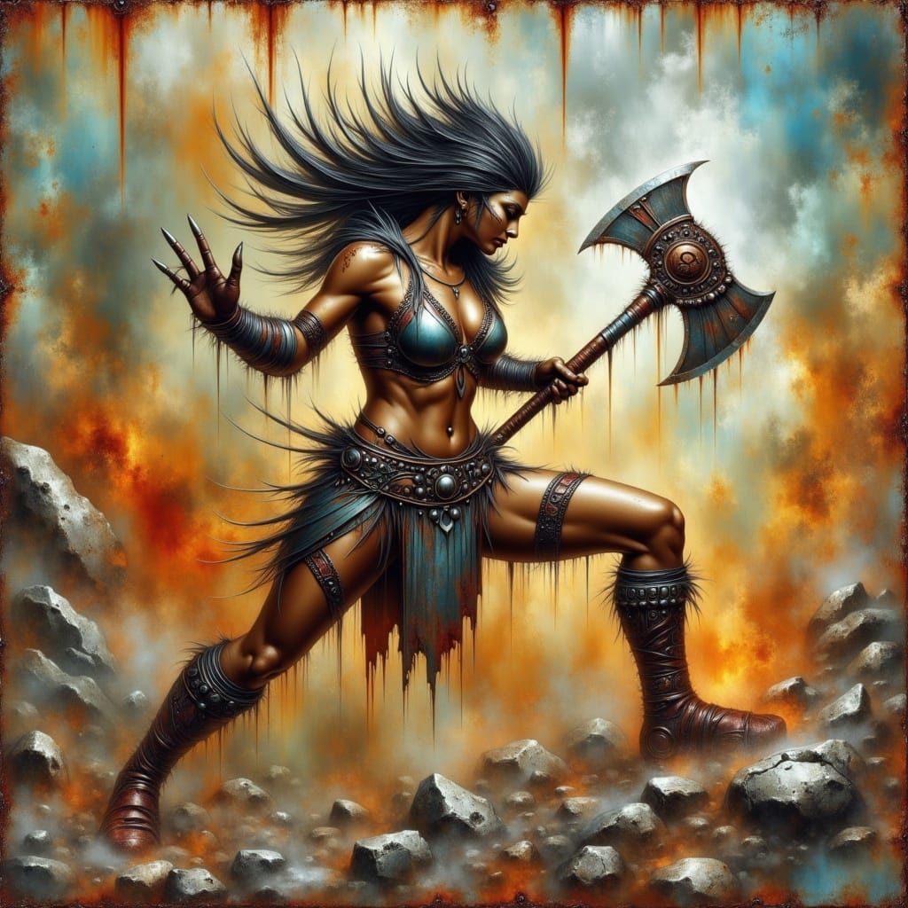 Hypermaximalist masterpiece, surreal fantasy. A battle-ready Latina barbarian in a dynamic action pose, her muscular form clad in rugged lea...