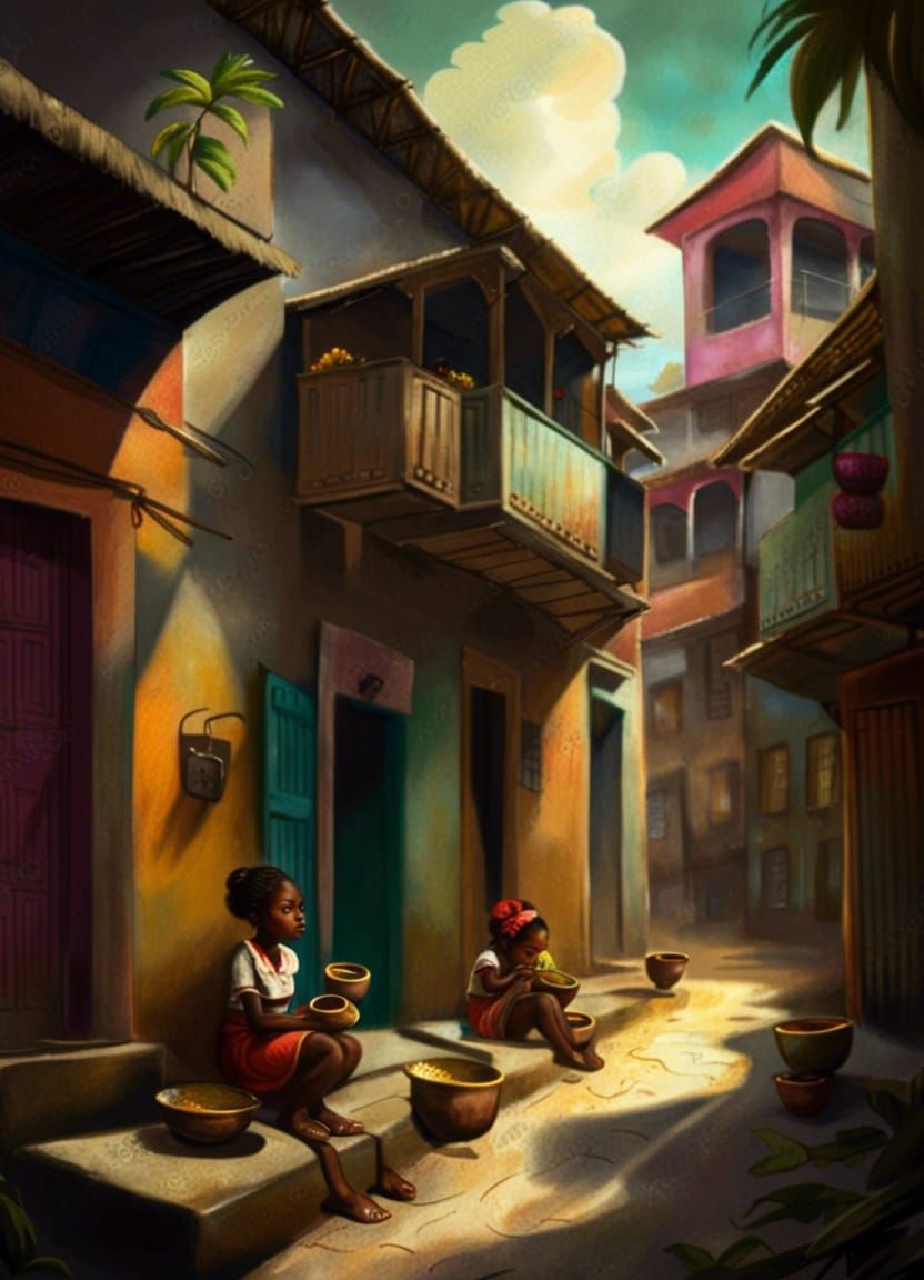 Caribbean Alley Scene in Vibrant Colors, Fantasy Concept Art