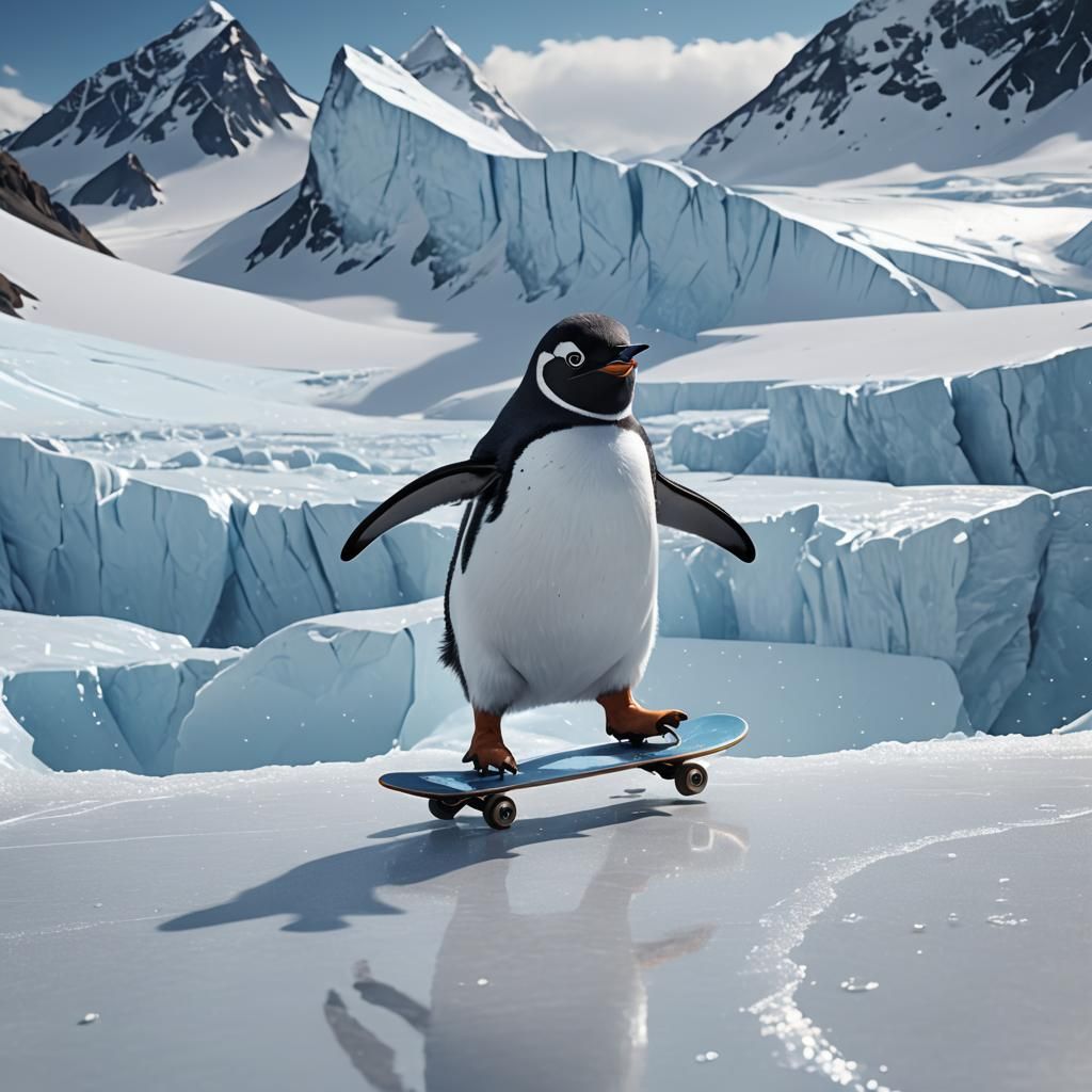 Penguin Skates Across Icy Glacier in Vibrant Anime Style