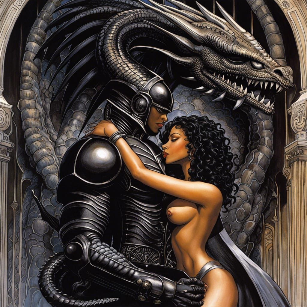 impressive black warrior woman and dragon making love, pleasure, smile,  power, outstanding, beauty, perfect composition, byH.R. Giger, by Mi... -  AI Generated Artwork - NightCafe Creator