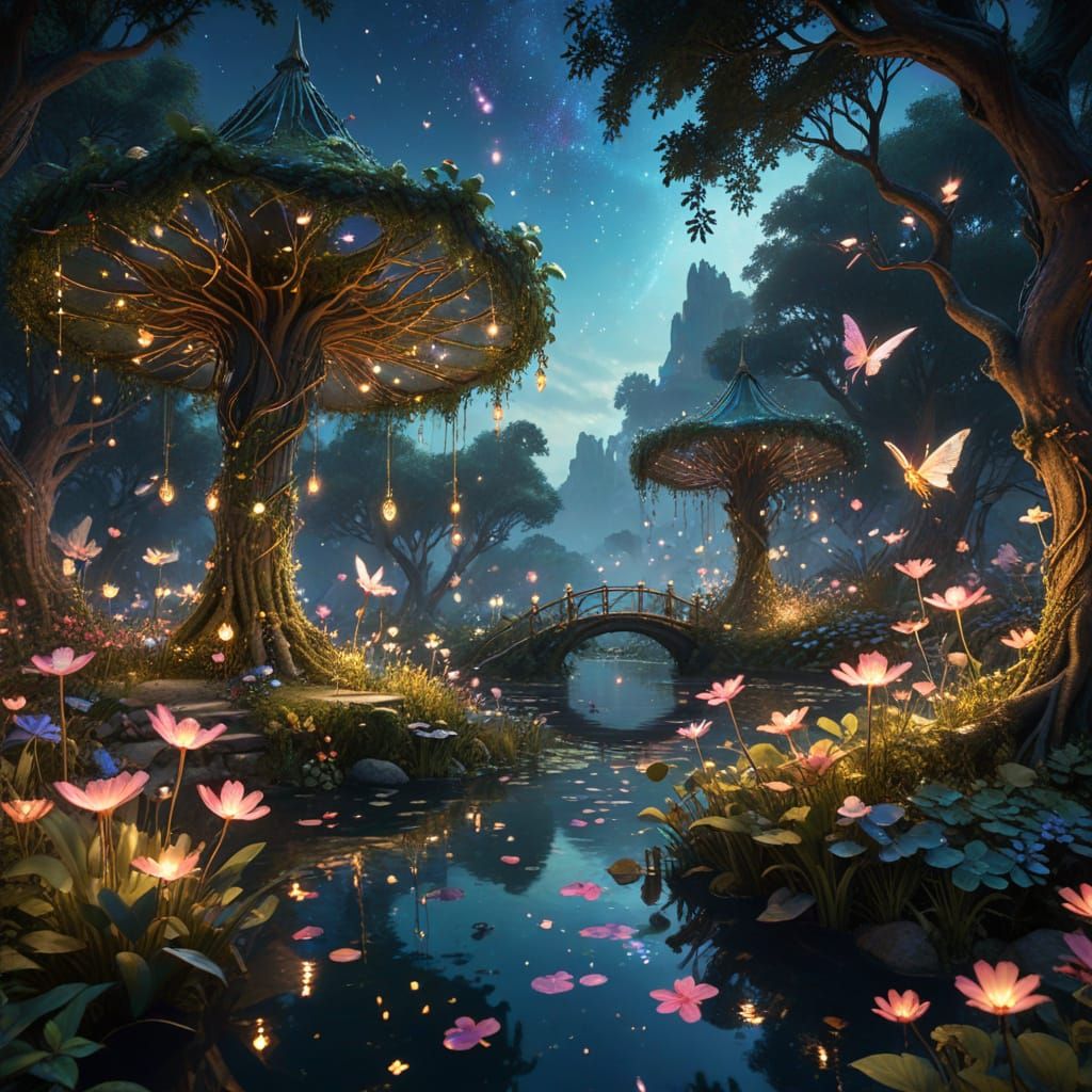 A magical fairy paradise, bathed in the soft glow of twilight. Lush greenery surrounds a serene, sparkling ...  by @Riya Delene 