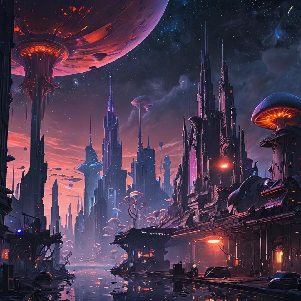 Alien universe.  hyperrealism noctilucent mysterious complementary colors cool colors retrofuturism panorama colorful golden ratio magnifice...