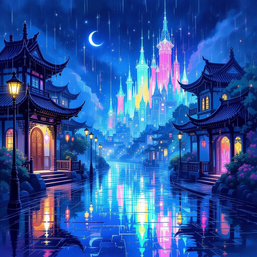 Rainy night in a fantasy realm. Intricate ornate lineart. Detailed brushstrokes, colorful imaginative watercolor and ink painting style. Viv...