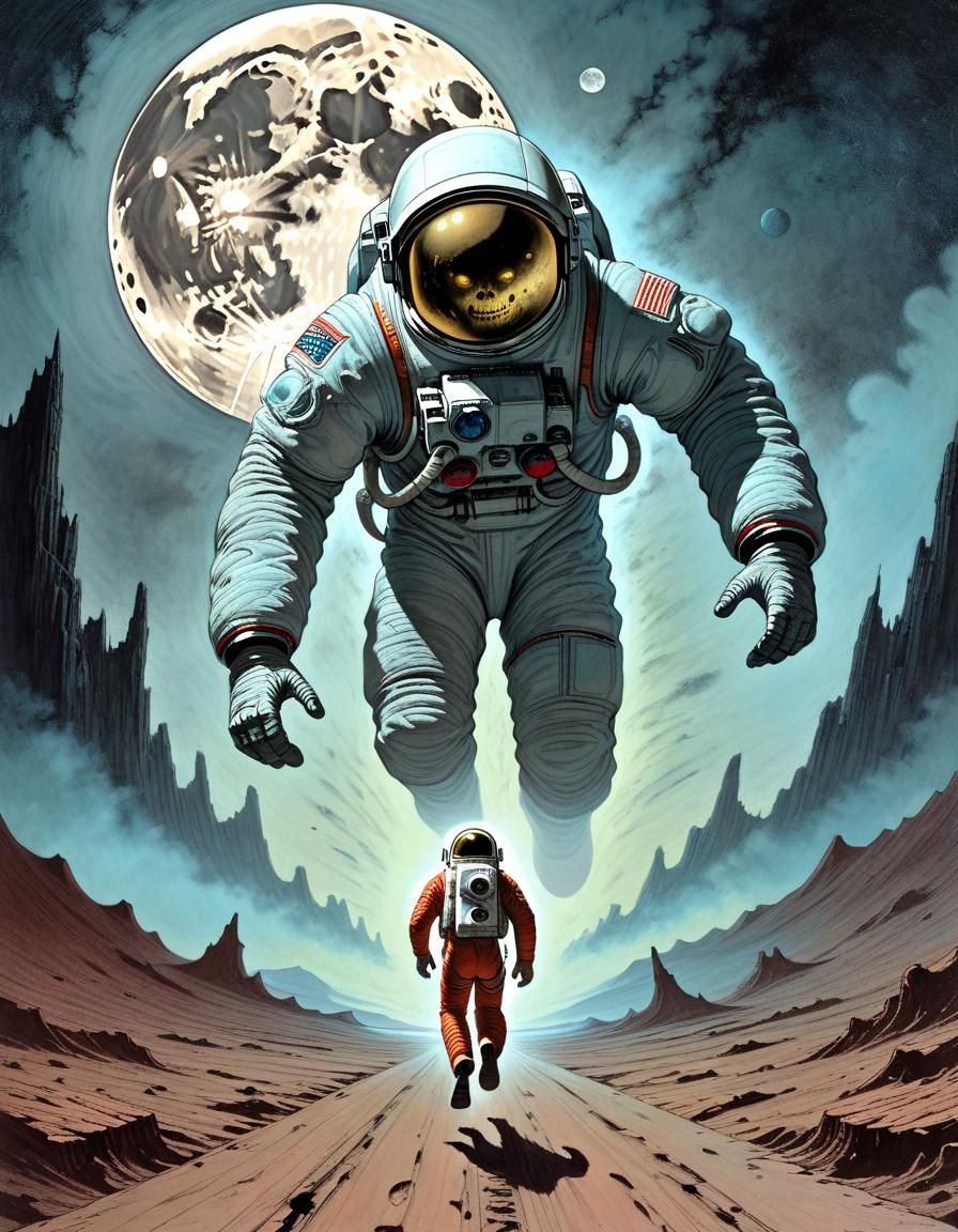 Astronaut Flees Dystopian Planet with Glowing Nebula