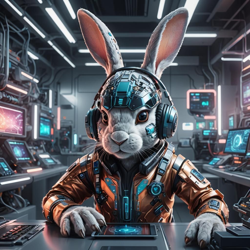 Surreal Futuristic Bunny Works in High-Tech Lab
