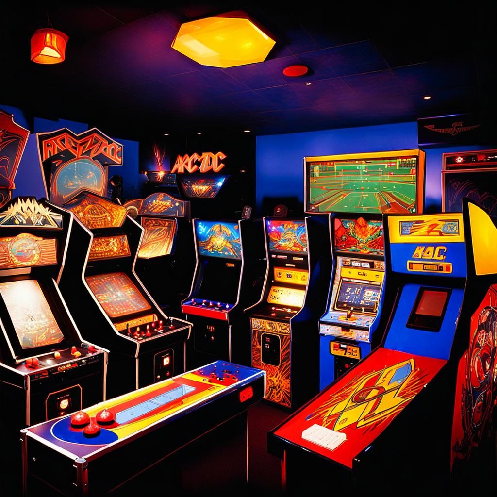 Arcade game-room early 1980’s  realism cinematic style games Galaxia, packman, Defender, Missile Command and pinball games rock bands Like “...