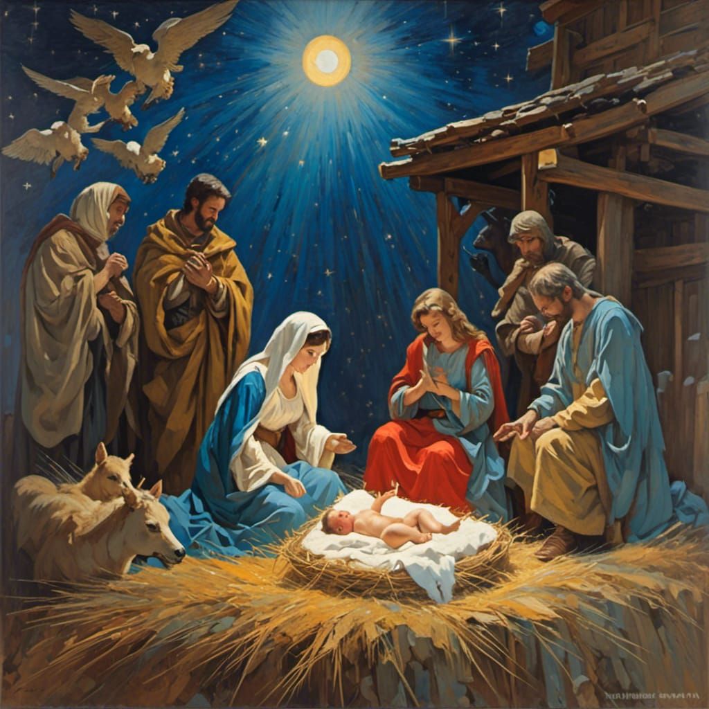 the nativity, birth of Jesus in the manger ;; acrylic by Wadim Kashin ...