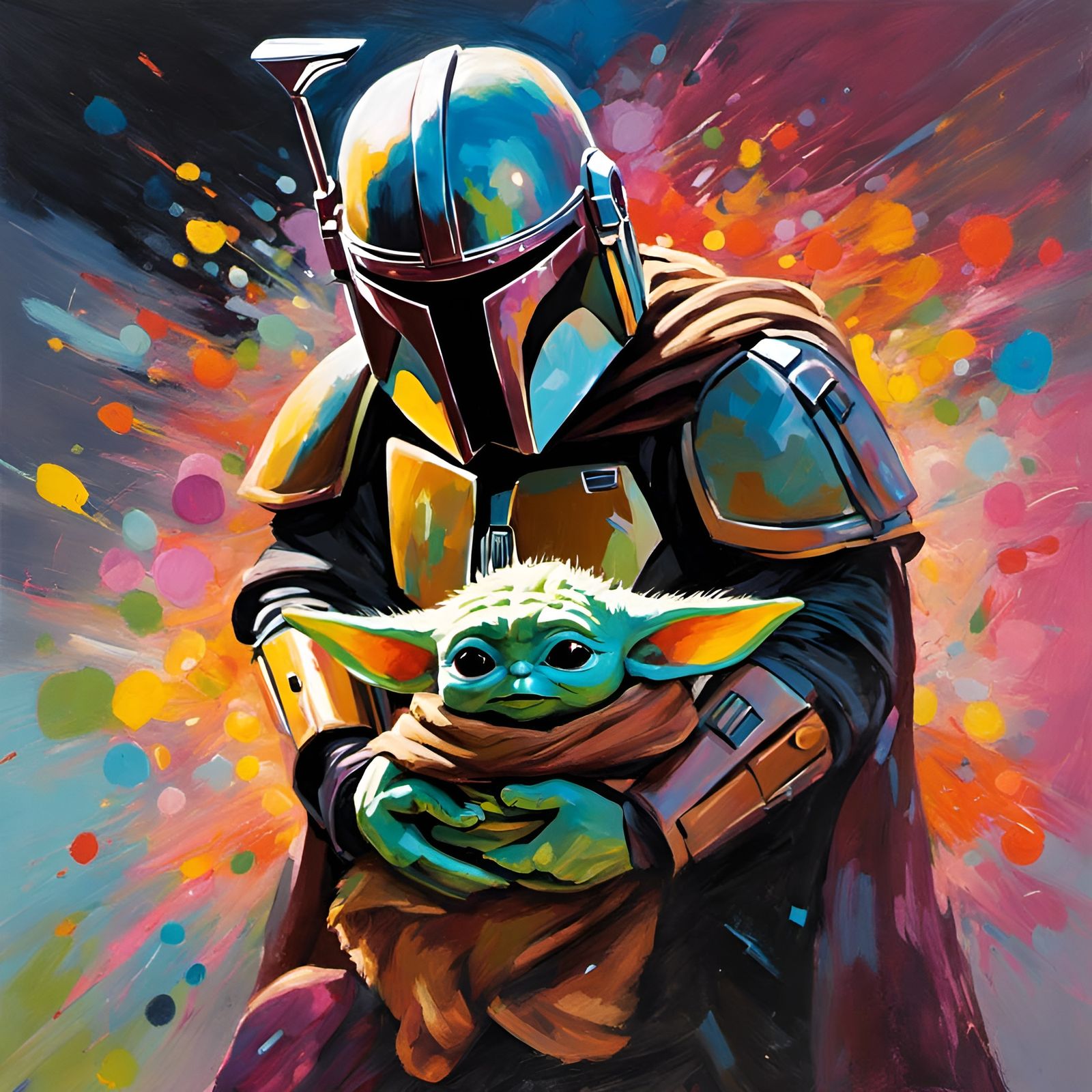 Impressionist style Mandalorian's beskar armor protects Grogu from the ...