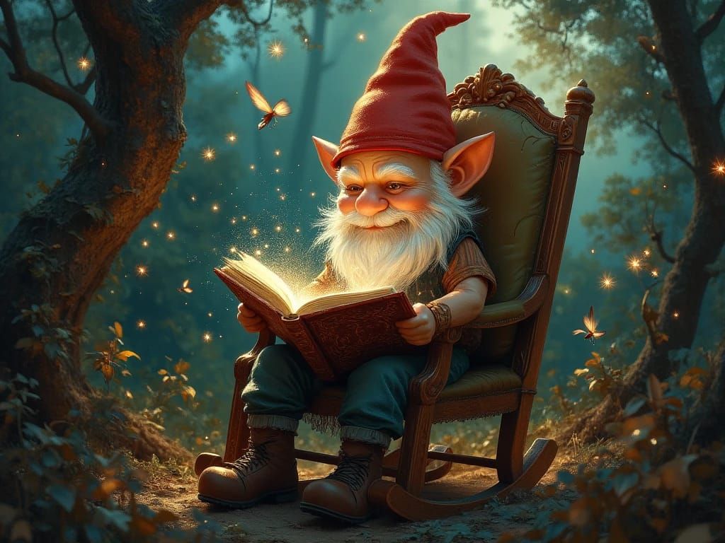 An adorable gnome reading a book sitting in an armchair in a...