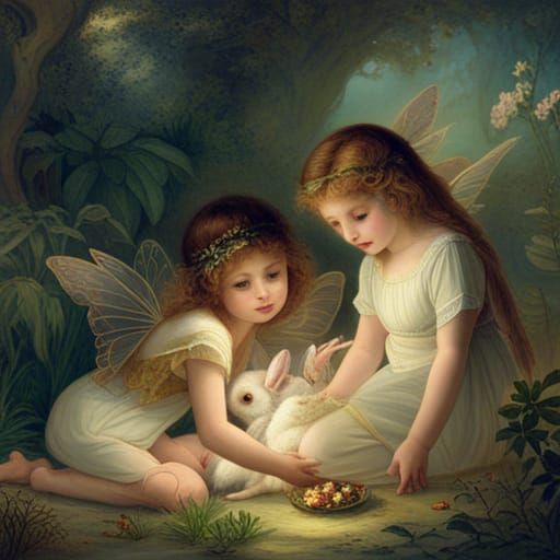 Whimsical Spring Fairies Gather Around an Injured Bunny in a...