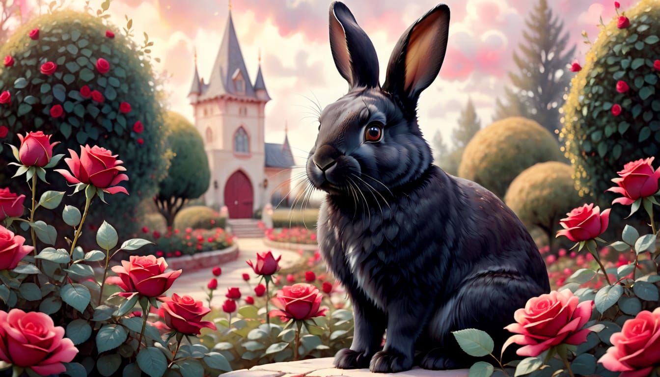 Black Bunny sitting with Red Roses