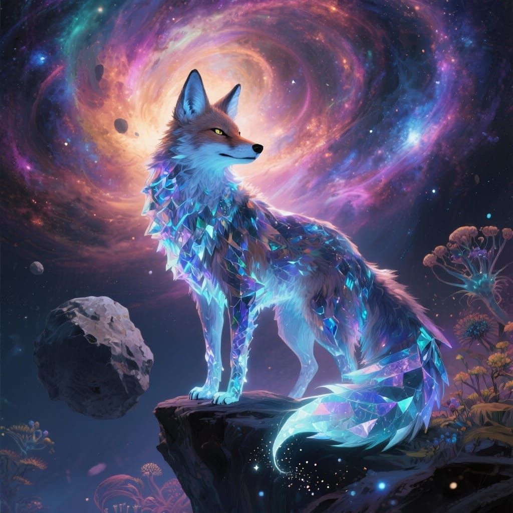 A majestic, bioluminescent fox with intricate, crystalline fur stands at the edge of a nebula, its tail ...  by @undefined