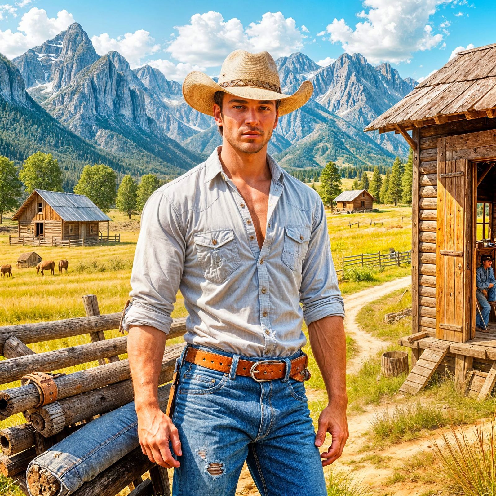 Cowboy A painting of a muscular young man standing beside a wooden shack in a rural landscape, featuring ...  by @Lennis