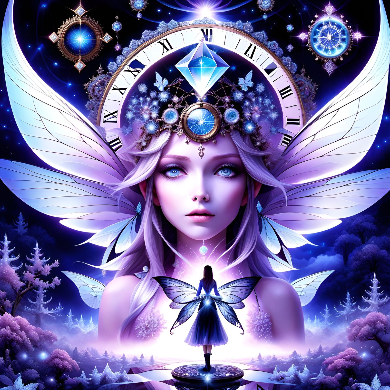 (((Dreamy geometrical fractal fairy))), Clock struck midnight, everything was frozen in alternate reality, 100,22,15,2, ...