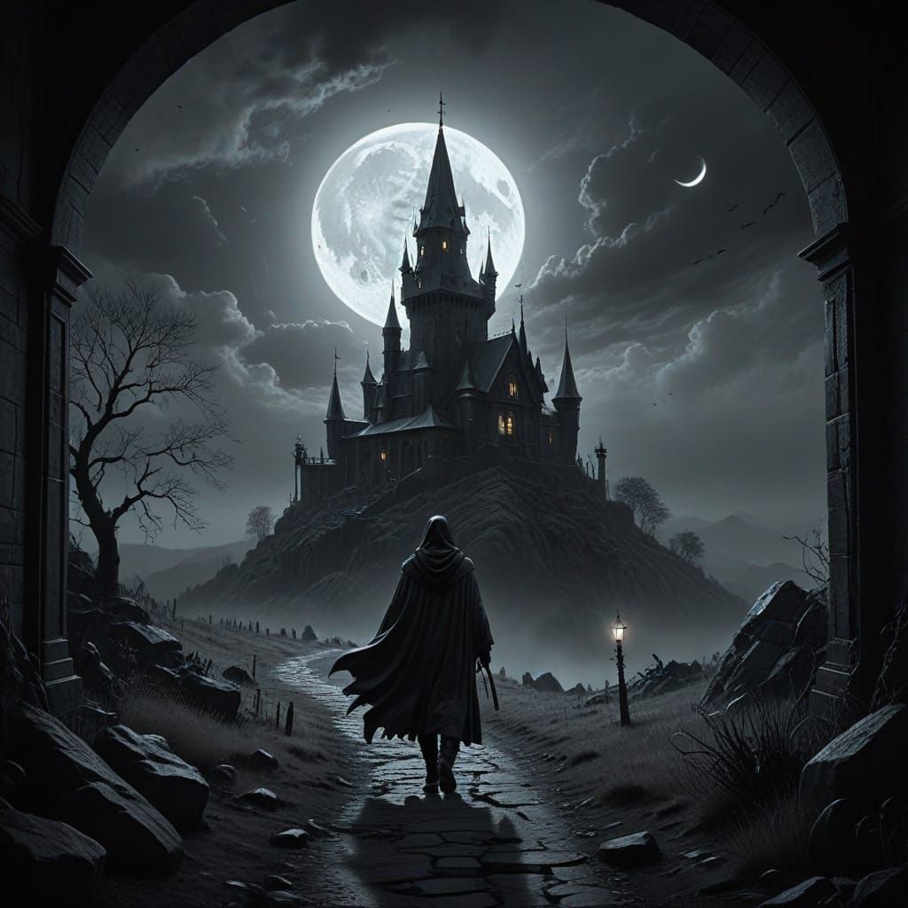 In the sky, the young crescent moon has a thin house on its lower horn, like a 3-story tower, and a tired traveler in a cloak and hood is wa...