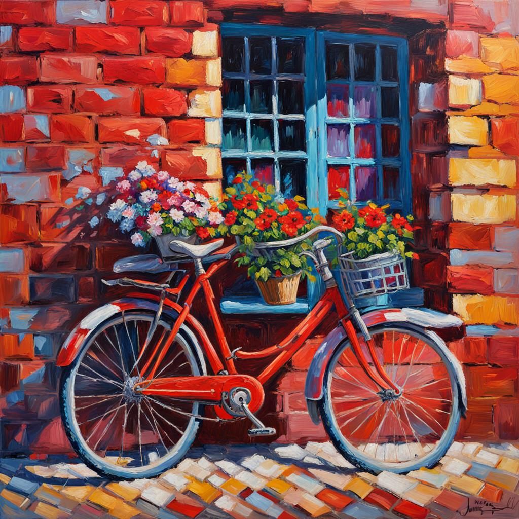 A bicycle propped up on a brick wall.  by @Maria