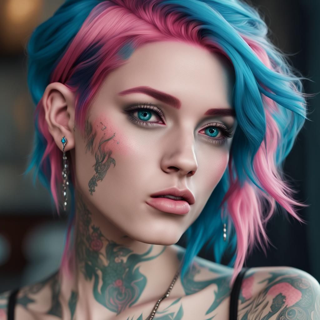 a close up of a beautiful woman with tattoos and piercings on her face ...