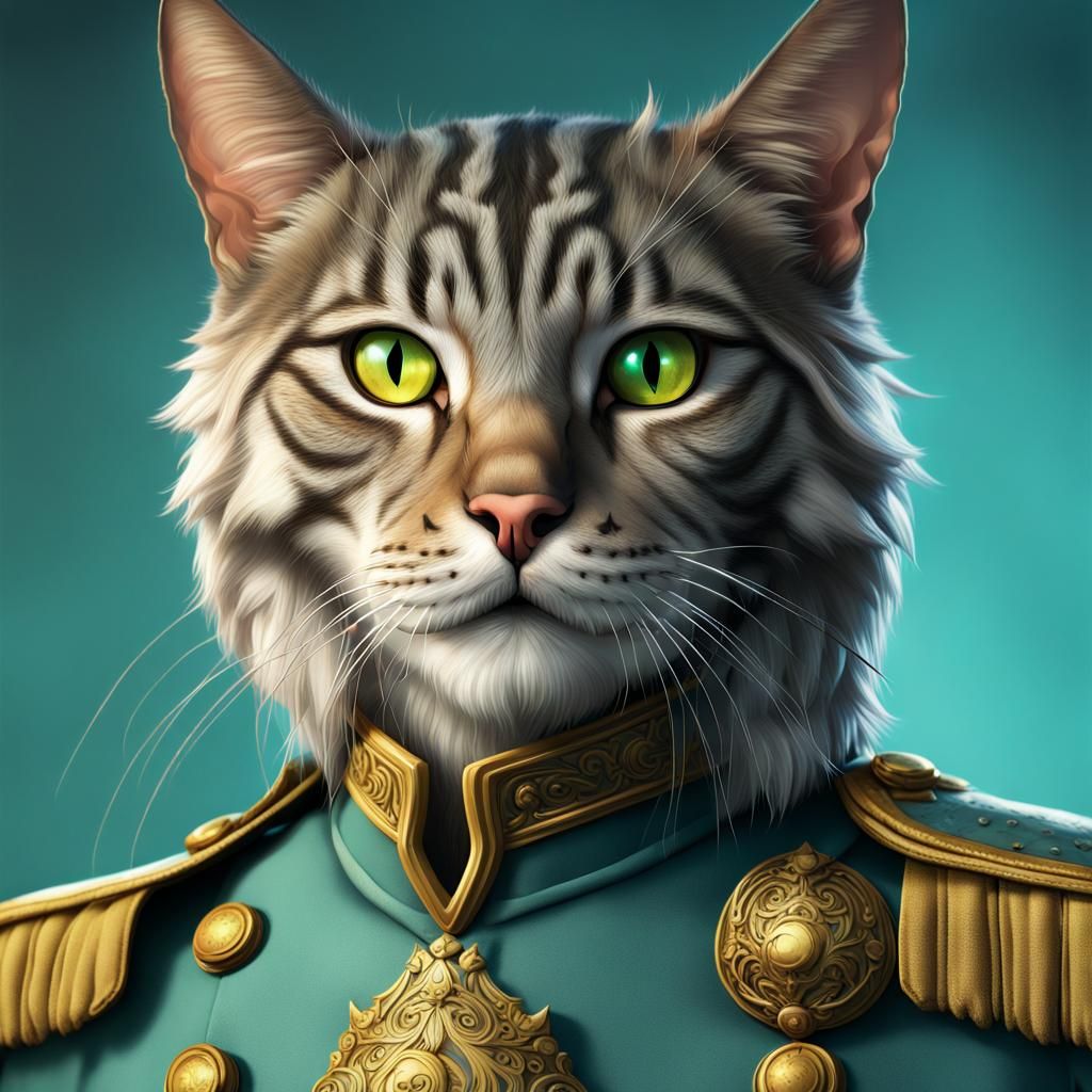 the feline king a Tabby cat with mottled gray coat, greenishyellow