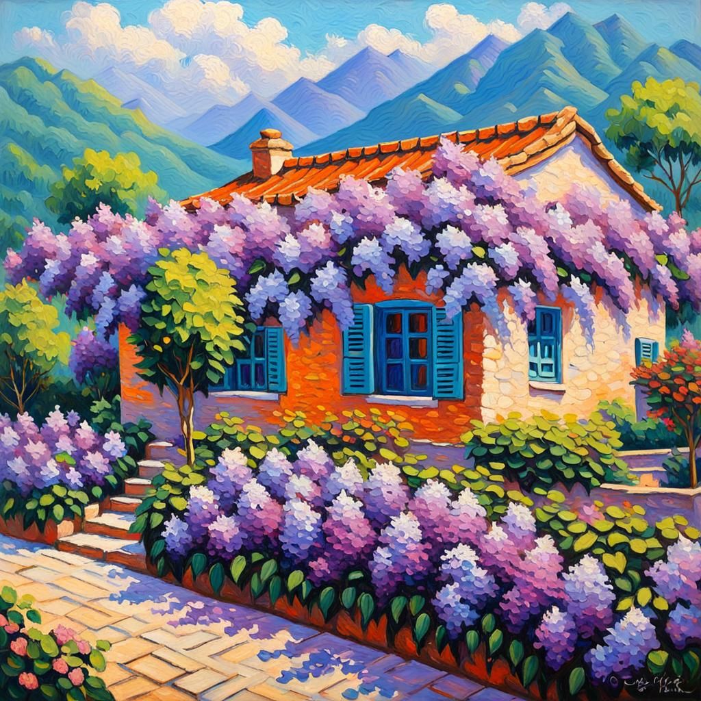 Neo-Impressionist Cottage Scene with Vibrant Lilacs