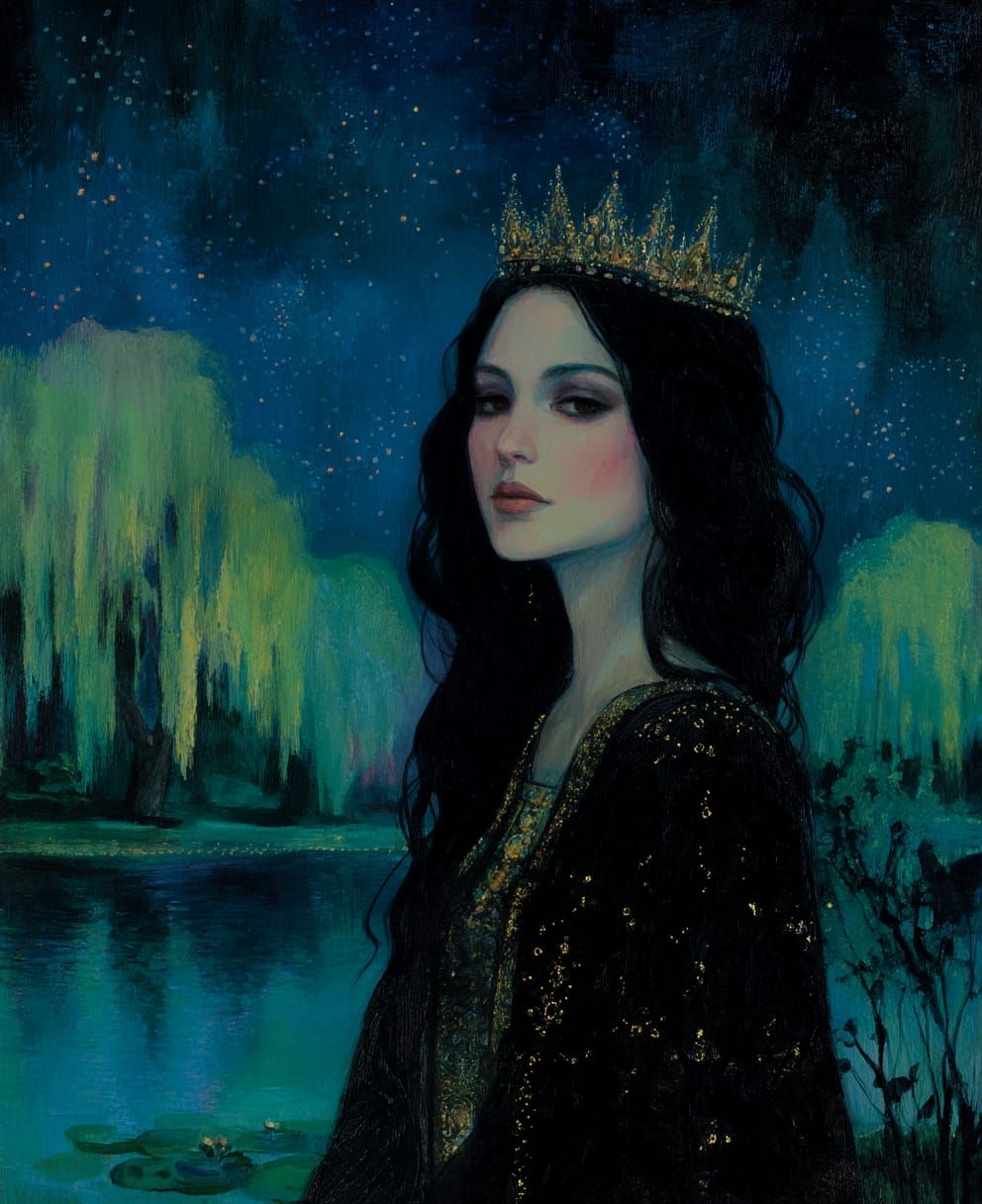 <lora:fantasy:1.0> <lora:Portraits in Wool:1.0> A painting of an ethereal queen with dark hair and a crown, standing by the blue lake at nig...